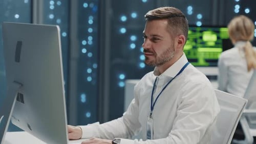 IT Young Engineer Programming Code Cloud Computing Software Server Data By Desktop Computer Data