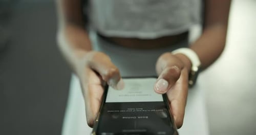 Phone screen, fitness and hands at gym on app to scroll for exercise, workout