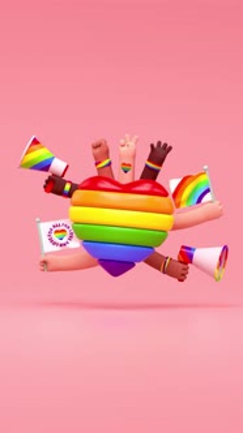 Animated 3D Pride Heart with Diverse Hands and Flags