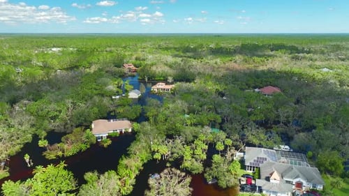Flooded Residential Houses By Hurricane Ian Rainfall in Florida Residential Area Consequences of