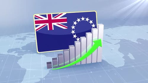 Cook Islands Flag With Increasing Bar Chart Graph And Arrow Green
