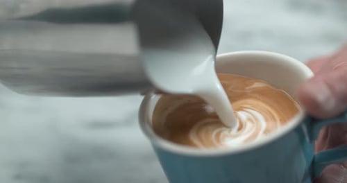 Milk Pouring Into Coffee, Latte Art Close Up
