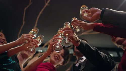 4K Group of people celebrating holiday event with drinking champagne together at luxury bar.