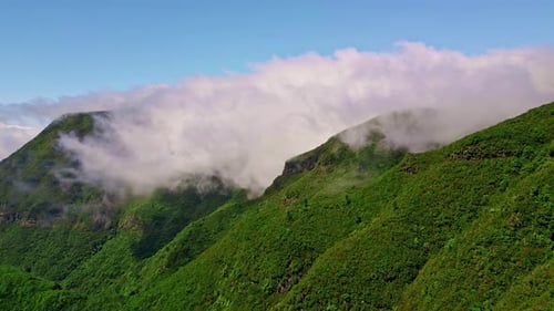 Drone View Green Mountains Steep Cliffs Covered Lush Woodlands Forests Growing