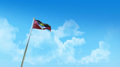 Antigua and Barbuda Flag Waving in Blue Sky Loop