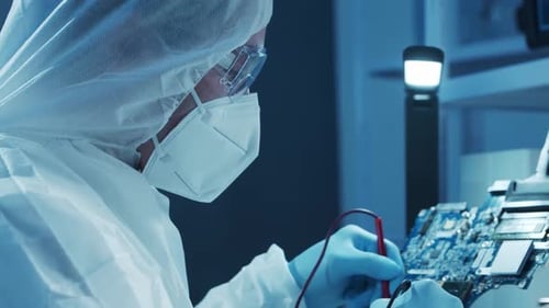 Mikroelektroniker arbeitet in einem modernen wissenschaftlichen Labor an Computersystemen und