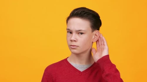 Young Boy Listens Intently Against a Bright Yellow Background While Wearing a Red Sweater and Gray