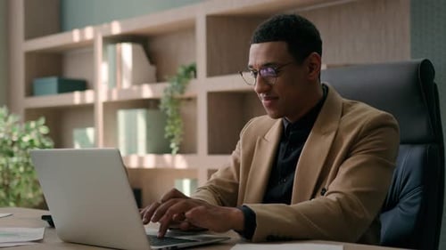 Businessman African American Ceo Employer Office Worker Male Entrepreneur Working on Computer in