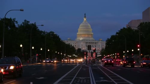 The U S Capitol Illuminates Washington D C Streets at Twilight