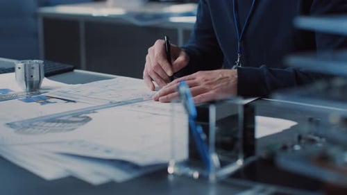 Heavy Industry Engineer Draws Engine Concept Blueprint. Engineering Bureau and Industrial Design Ag