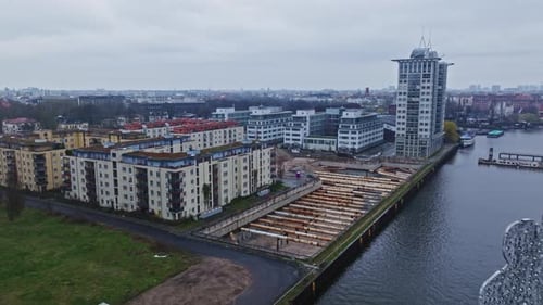 Aerial view of modern buildings on the bank of spree river