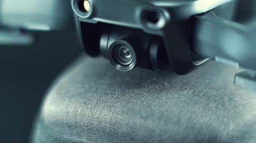 Drone Camera Lens on a stabilizer and sensors, hyper close up, aerial photography gear, professional