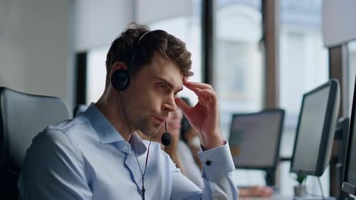 Nervous Man Talking Headset in Call Center Stressed Support Agent Work Hotline