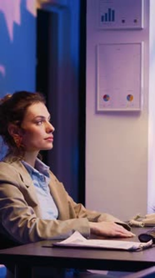 Vertical Video Female Entrepreneur Working with Hologram at Night