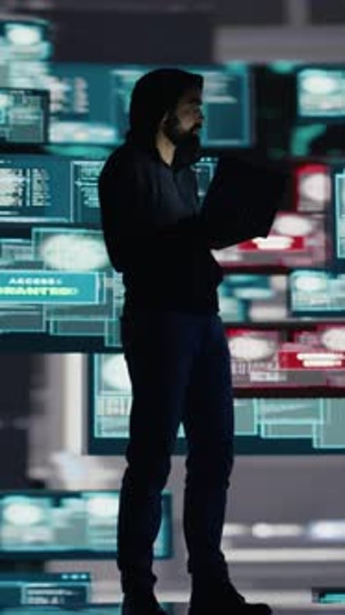 Man With Laptop in Front of Computer Screens