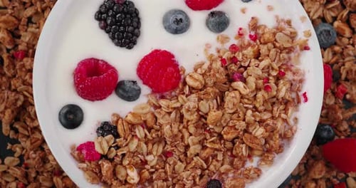 Macro close up of genuine breakfast plate with yogurt, blueberries, raspberries, blackberries, mue