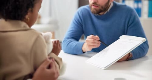 Doctor, man and child with document for paperwork, insurance or application in clinic