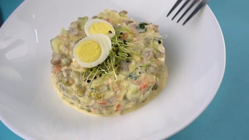 Close up plate of Russian salad with eggs