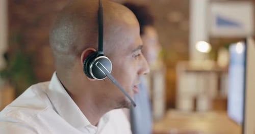 Call center, man and face talking in office on computer for support, customer service help