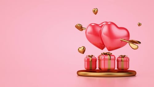 Animated 3D Love Hearts, Golden Arrow, and Gift Boxes