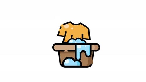 Animated Washing Clothes Icon in Tub with Bubbles
