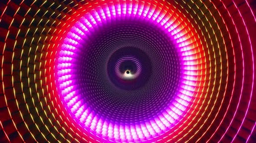Geometrischer Blocktunnel mit rotierenden Mustern aus leuchtendem rotem und orangefarbenem Neonlicht. 3D-Rendering