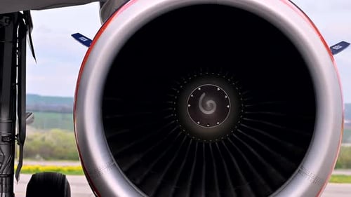 Huge Airplane Jet Engine Close Up View Moving Forward Heat Haze Distant Airplane Lining Up Behind