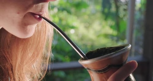 Woman drinks mate. Young caucasian woman drinks mate or chimarrao from traditional gourd at sunrise.