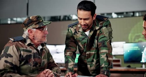 Adults in Camouflage Discussing Documents in an Office