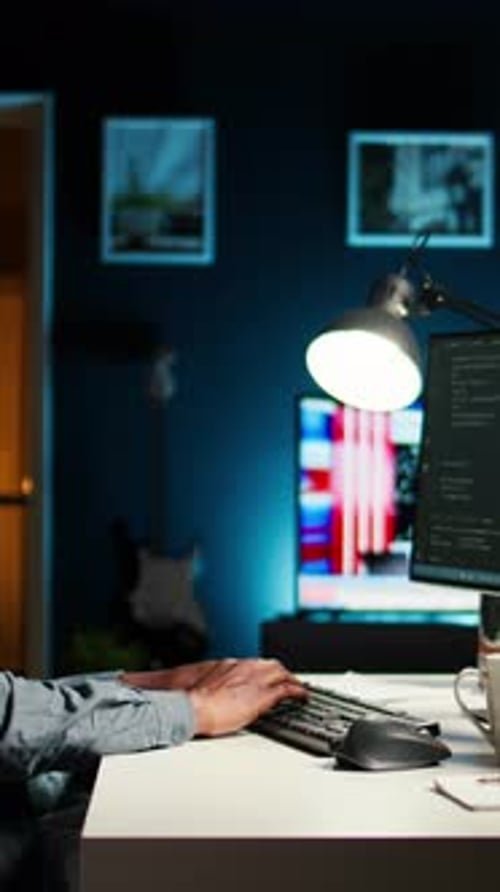 Man Typing on Computer at Dark Desk