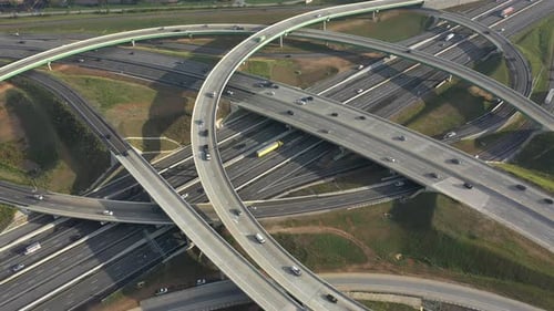 Aerial view of highway interchange, United States.
