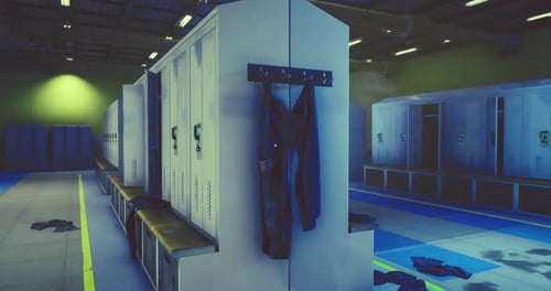 Vestiaire vide avec vêtements éparpillés et bancs pendant un après-midi calme