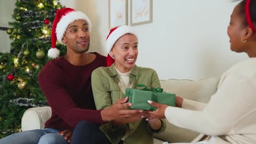 Friends Giving Christmas Gift at Home Near Tree