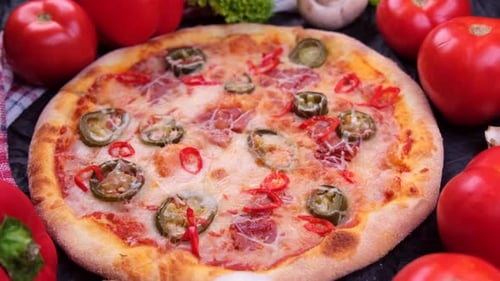 Pizza de pepperoni con un fondo de verduras sobre un fondo negro