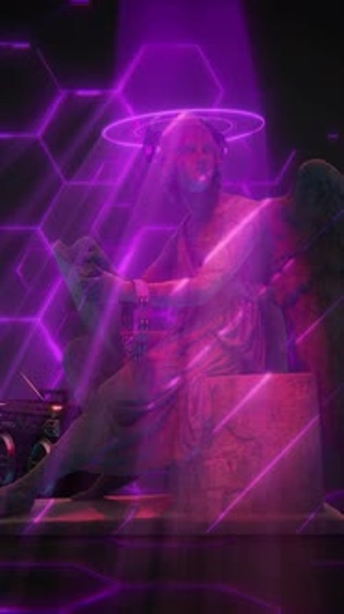 Neon Futuristic Angel Statue with Headphones and Boombox