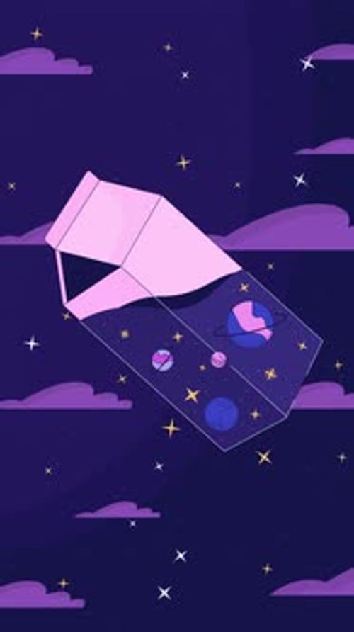 Lofi cosmic milk carton filled with stars and planets vertical animation