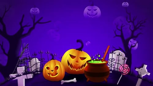Animated Halloween Night Background with Glowing Pumpkins and Cauldron