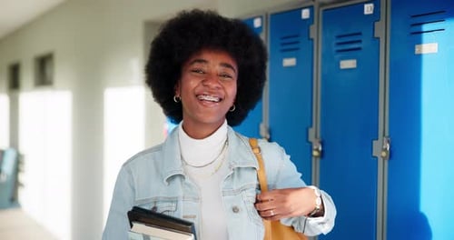 Corridor, face or female student in university for education, knowledge
