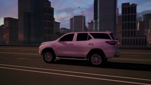 3D SUV Car Driving on City Highway at Dusk
