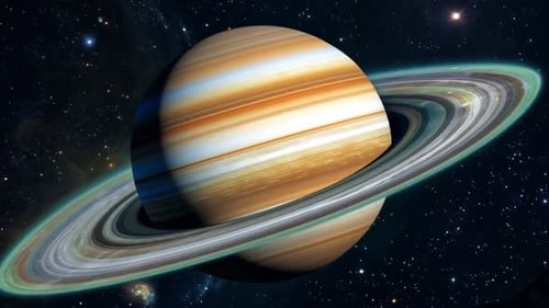 Realistic beautiful planet Saturn from deep space in Galaxy