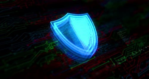 Digital Shield Security Animation on Circuit Board Background