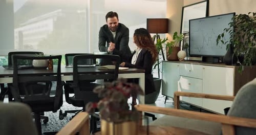 Desk, feedback and laptop with business people in corporate workplace for assistance