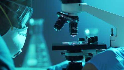 Closeup of Scientific Microscope Laboratory in Hospital Epidemic Disease Healthcare Vaccine Research