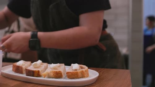 Bruschetta with Italian Prosciutto Stylish Snack Slow Motion Making Bruschetta with Prosciutto and