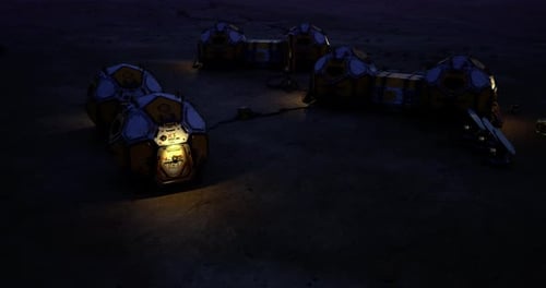 Mars Habitat Modules Illuminated at Night with a View of the Martian Landscape
