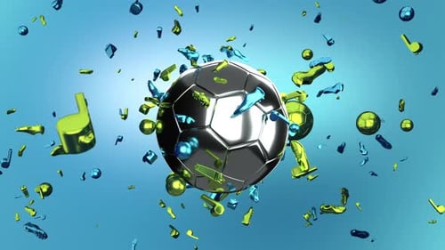 Metallic Soccer Ball Surrounded by Spinning 3D Sports Elements