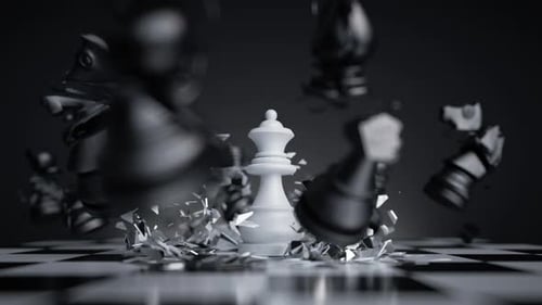 Elegant 3D Chess Queen Victory Over Exploding Black Pieces