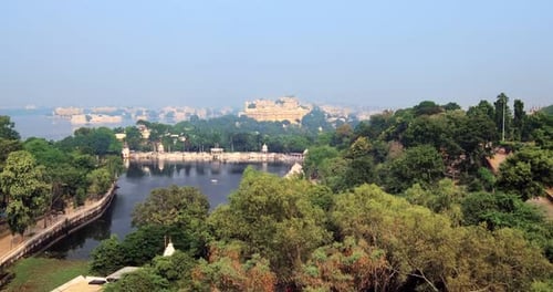 Aerial View of Lake Pichola with Lake Palace Jag Niwas and Udaipur City Udaipur Rajasthan India