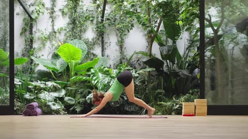 Woman in calm bridge pose in modern studio