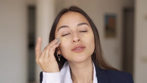 girl woman model make up at mirror while smiling and singing reading for a working day